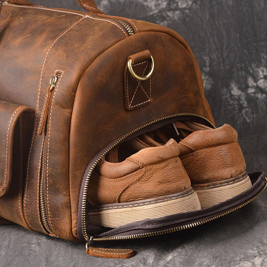Full Grain Leather Duffle Bag, Vintage Handmade Weekender Travel Luggage - Large Insight To Man