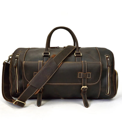 Full Grain Leather Duffle Bag, Vintage Handmade Weekender Travel Luggage - Large Insight To Man