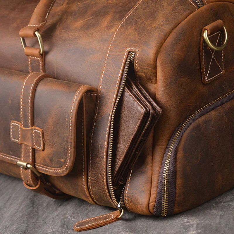 Full Grain Leather Duffle Bag, Vintage Handmade Weekender Travel Luggage - Large Insight To Man