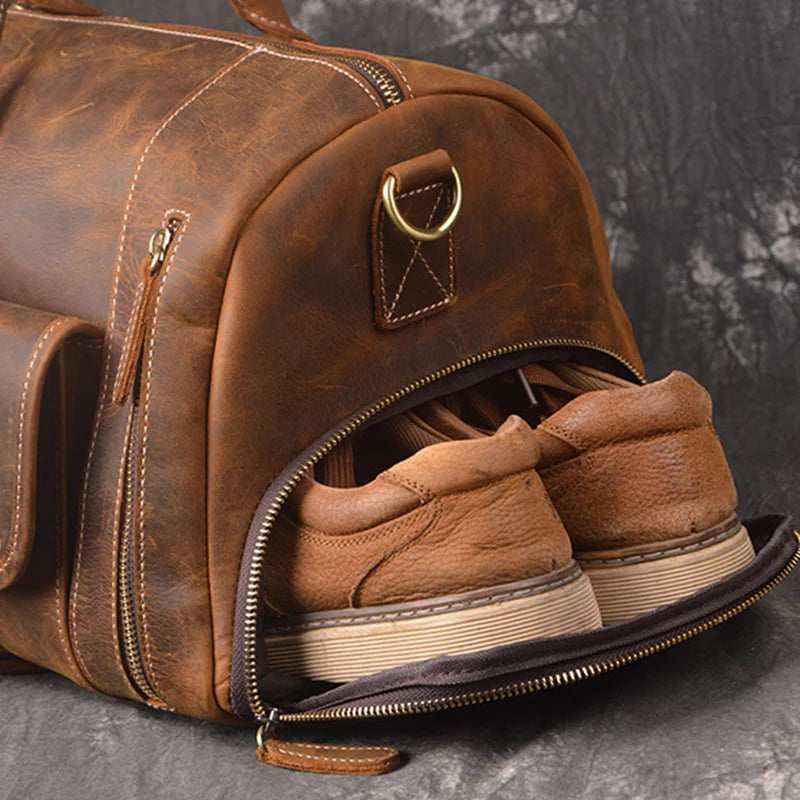Full Grain Leather Duffle Bag, Vintage Handmade Weekender Travel Luggage - Large Insight To Man