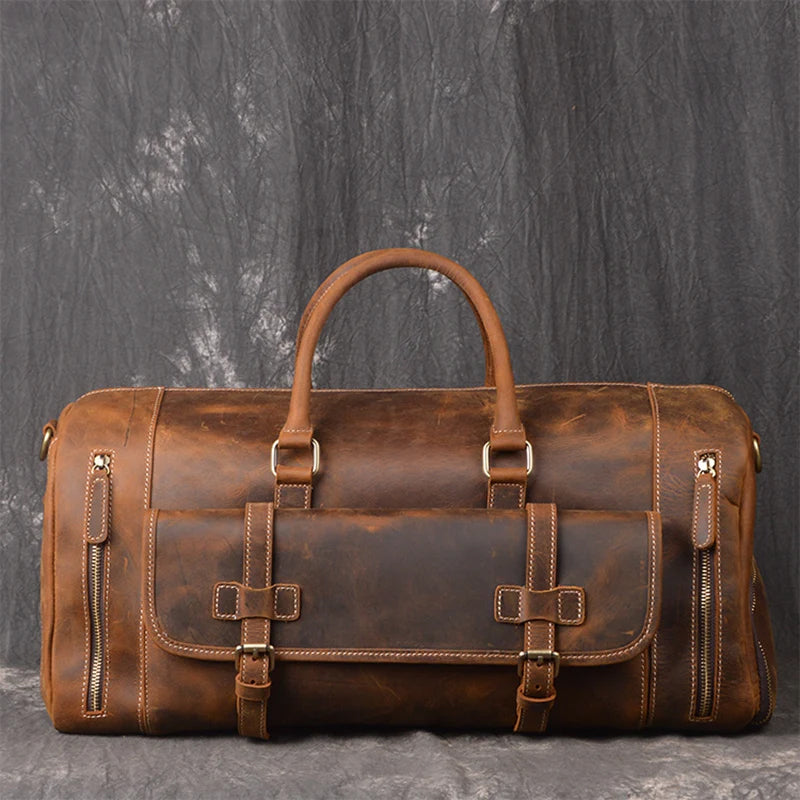 Full Grain Leather Duffle Bag, Vintage Handmade Weekender Travel Luggage Insight To Man
