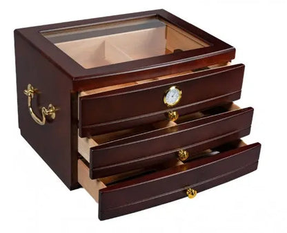 Dark Mahogany Glass Top Humidor w/ 3 Drawers Insight To Man
