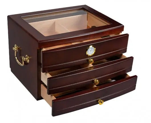 Dark Mahogany Glass Top Humidor w/ 3 Drawers Insight To Man