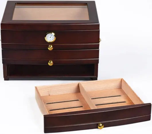 Dark Mahogany Glass Top Humidor w/ 3 Drawers Insight To Man