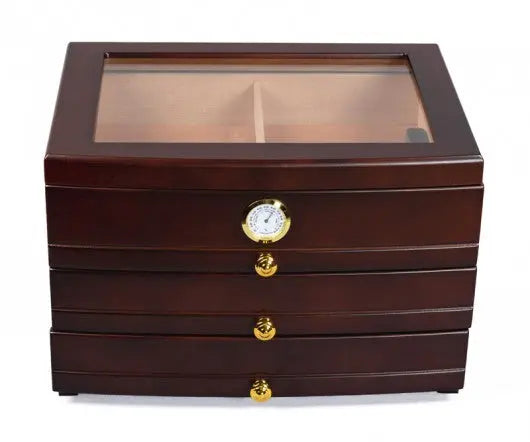 Dark Mahogany Glass Top Humidor w/ 3 Drawers Insight To Man