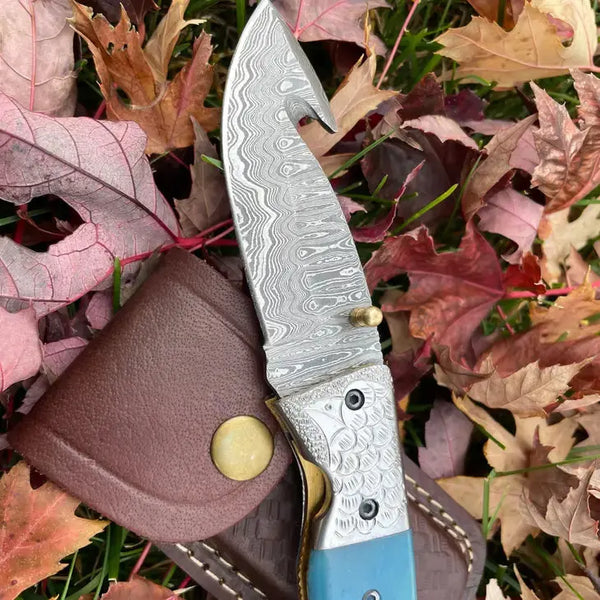 Gut hook Folding Knife with Dyed Bone Grip Insight To Man