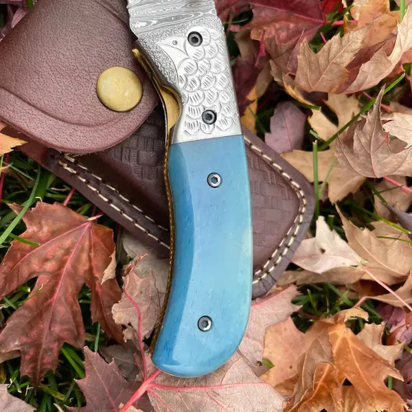 Gut hook Folding Knife with Dyed Bone Grip Insight To Man